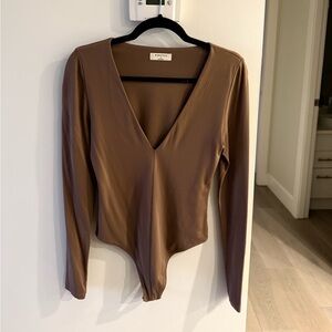 Babaton Deep V-Neck Brown Bodysuit